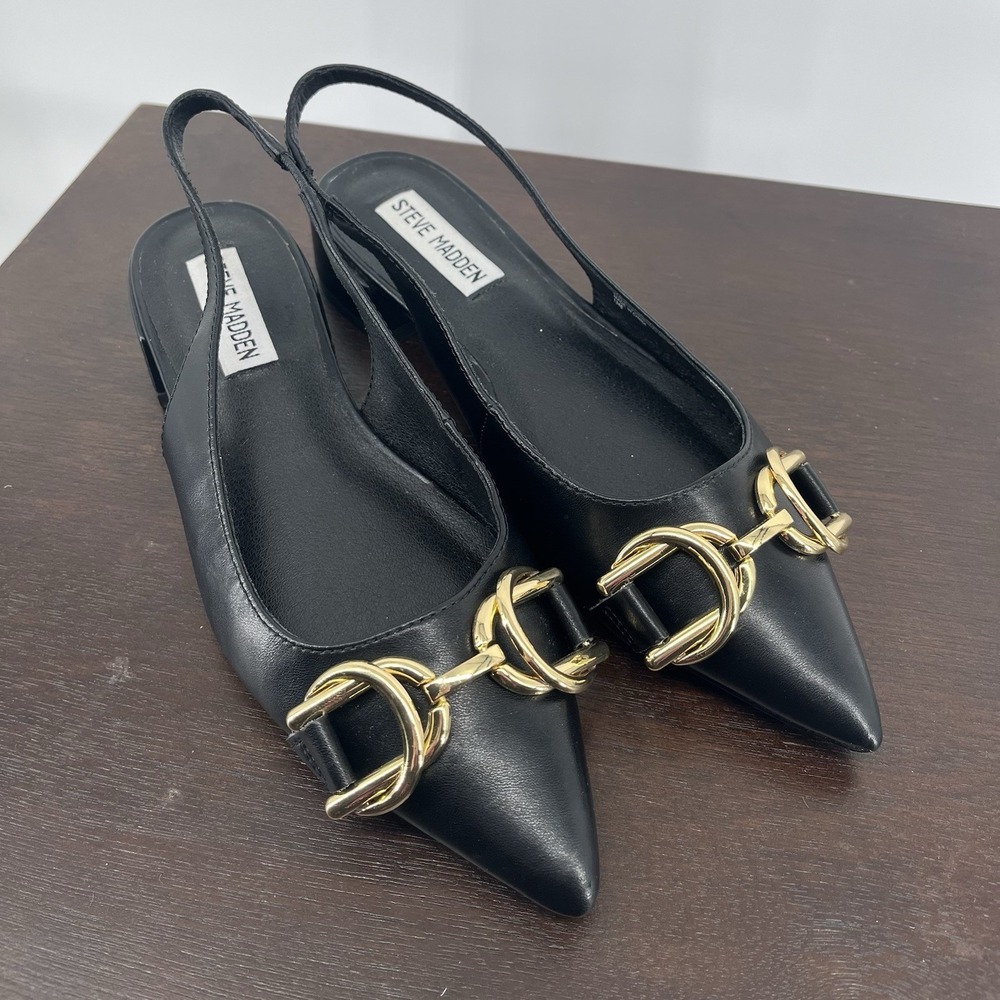 Steve Madden Womens Caitie Size 6 Leather Slingback Low Heel Black Gold Hardware